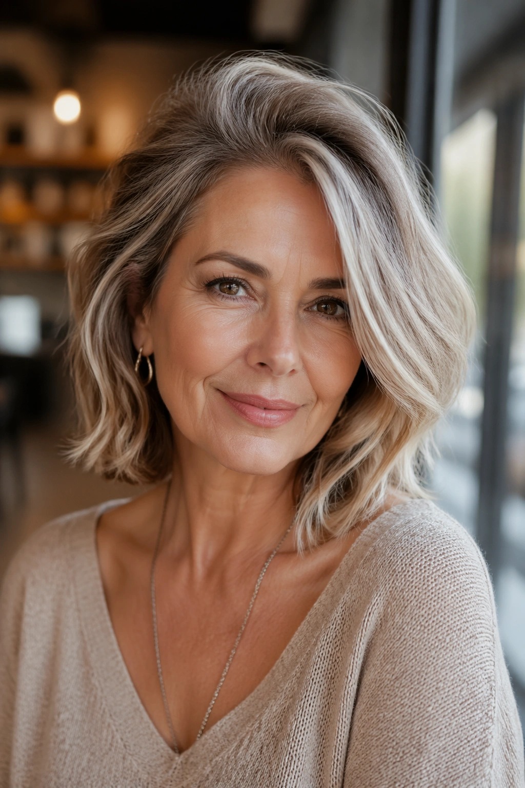 Close-up portrait of a real woman with a side-swept lob and lifted crown