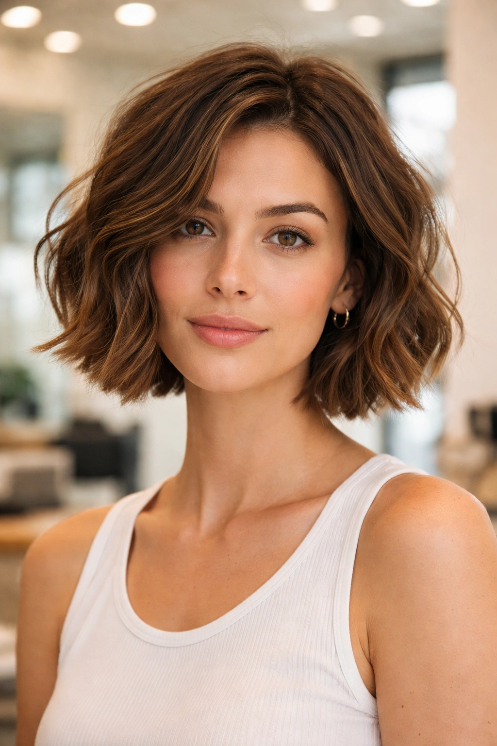 Close-up portrait of a real person in a salon, showing jawline-length lob
