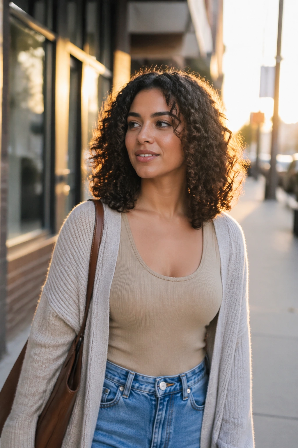Shoulder-length lob with partial wig on city street at golden hour.