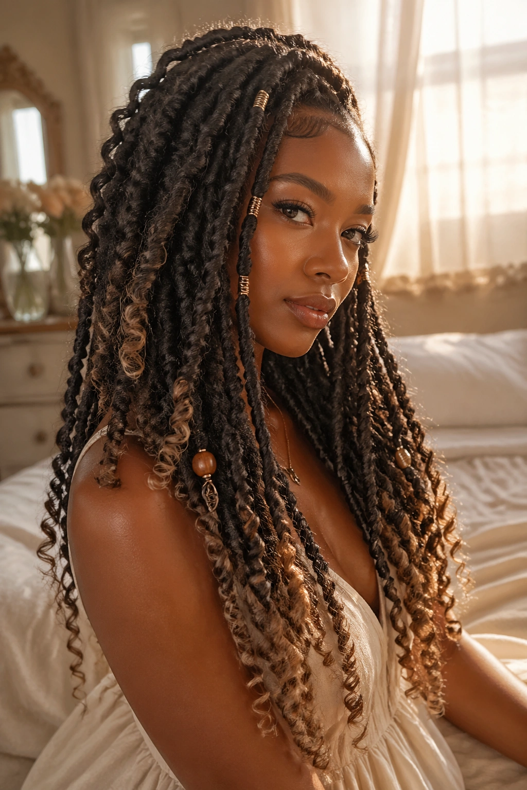 Real person showing loc braid-out with boho curls at ends.