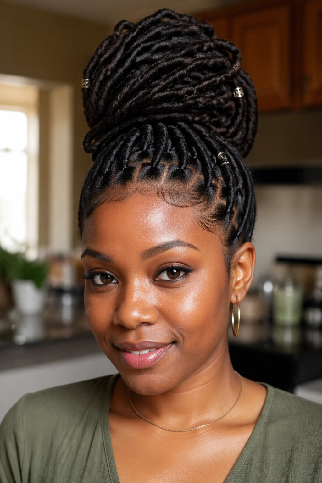 Real person with crochet faux locs styled into a high bun