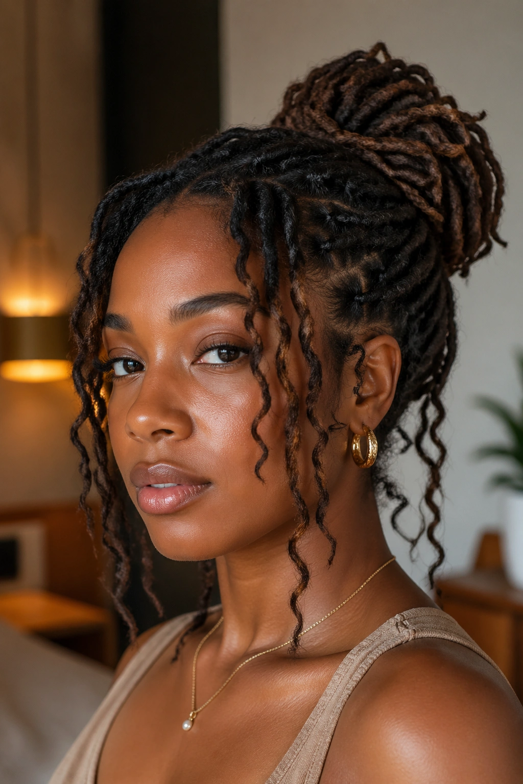 Real person with loc bun and curls framing the face.