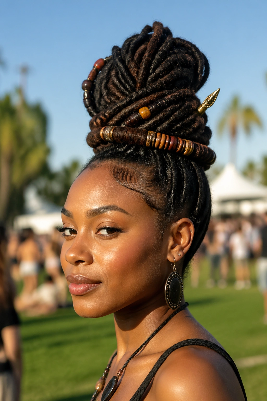 Close-up of a person with loc bun wrapped ends at festival