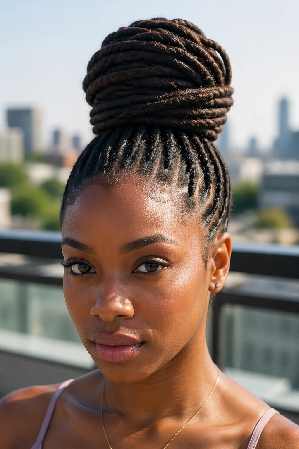 Close-up portrait of a real Black woman with loc bun and wrapped ends