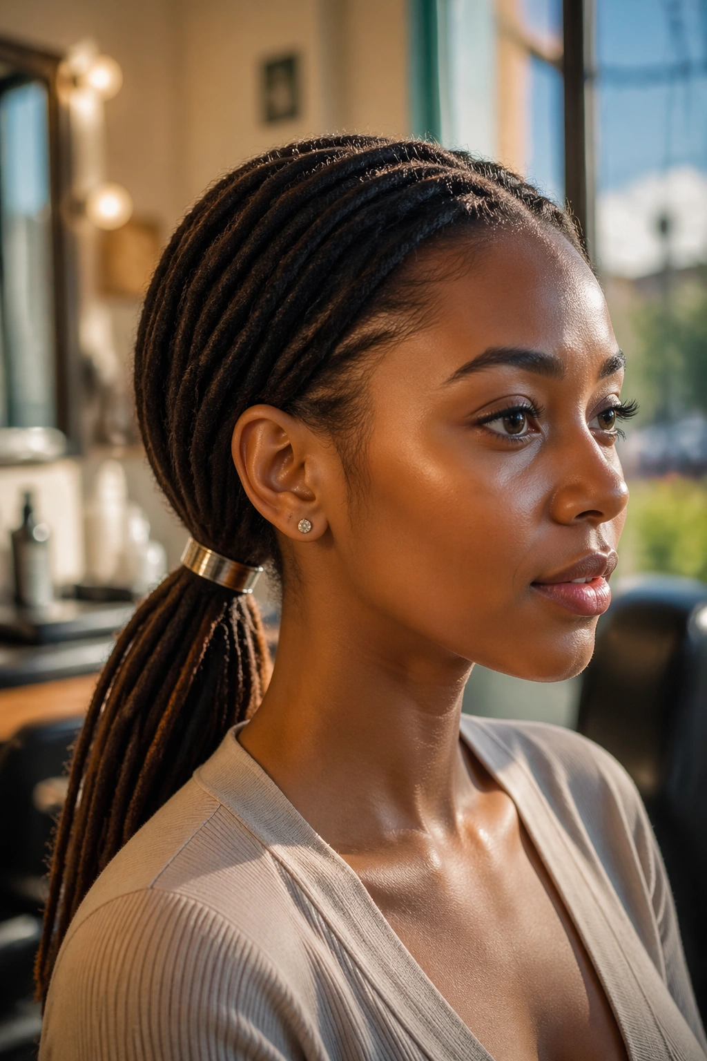 Close-up of a real person with a metallic loc cuff around the base of a low ponytail.