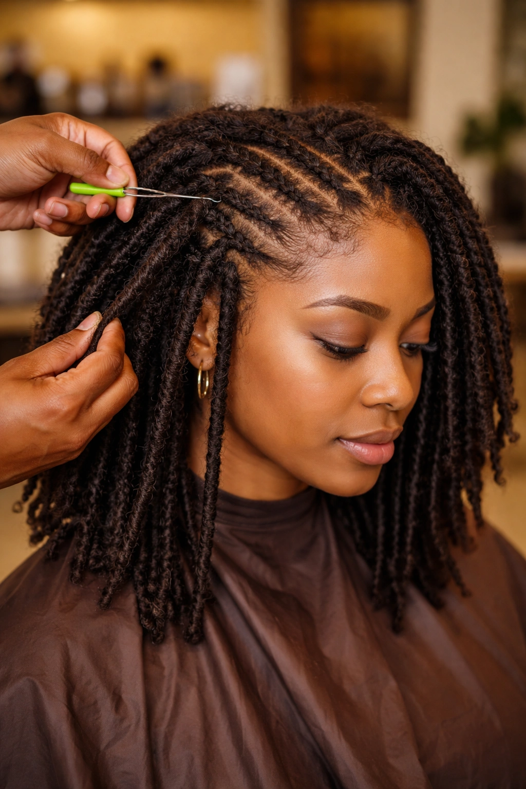 Close-up of loc extensions installed on Afro base on a real person in a salon