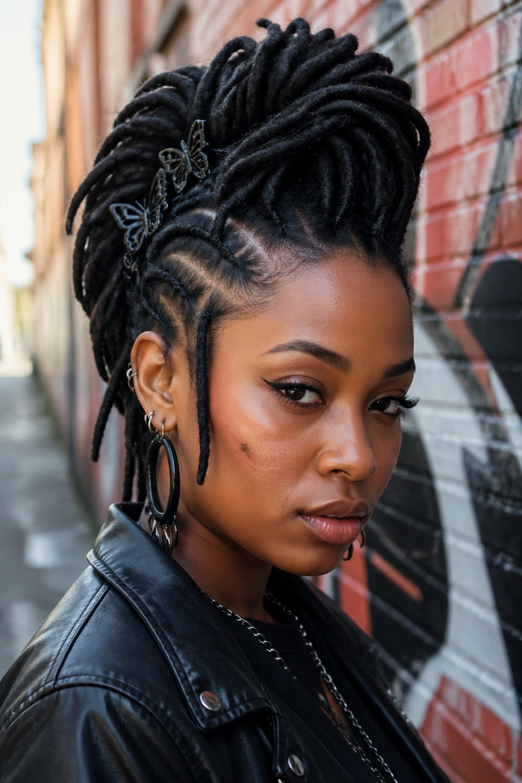 Close-up of a woman with locs styled into a faux hawk in an urban setting
