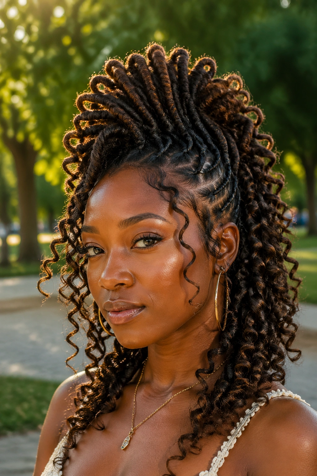 Real woman with loc faux hawk and curly sides.