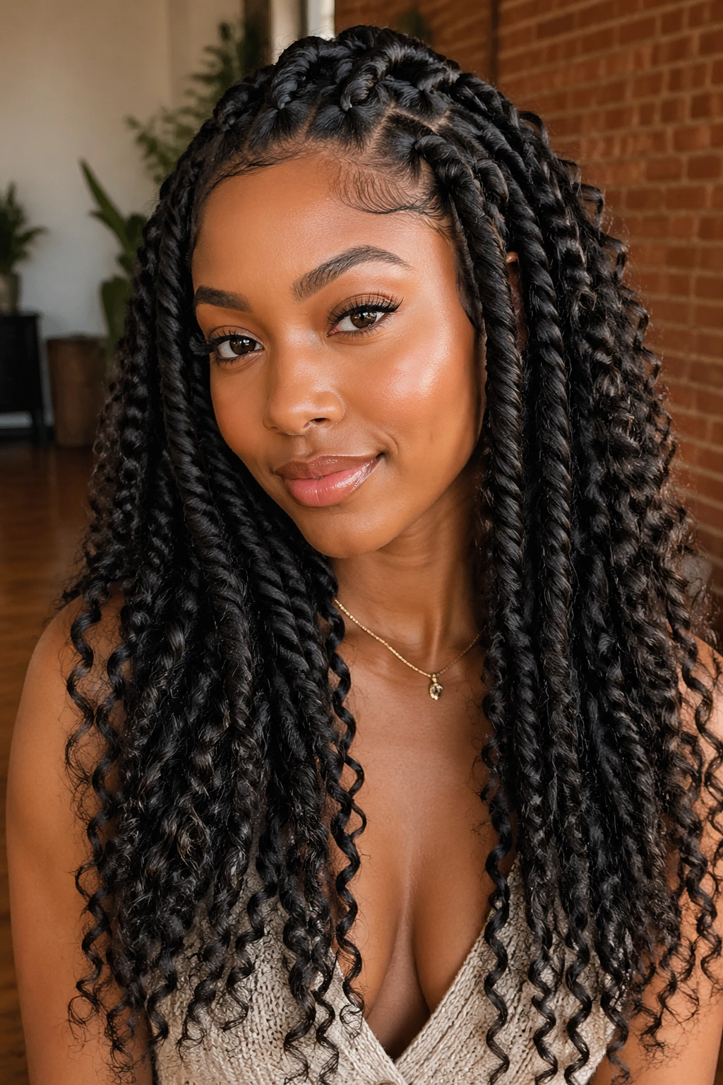 Close-up of a woman with loc-inspired twists and curly extensions
