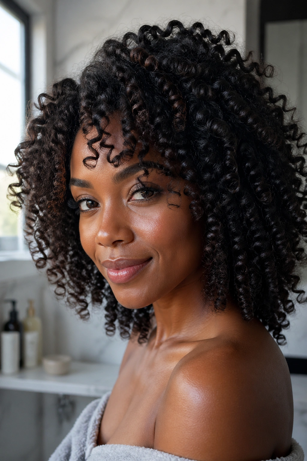 Close-up of a Black woman's moisturized curls under soft lighting