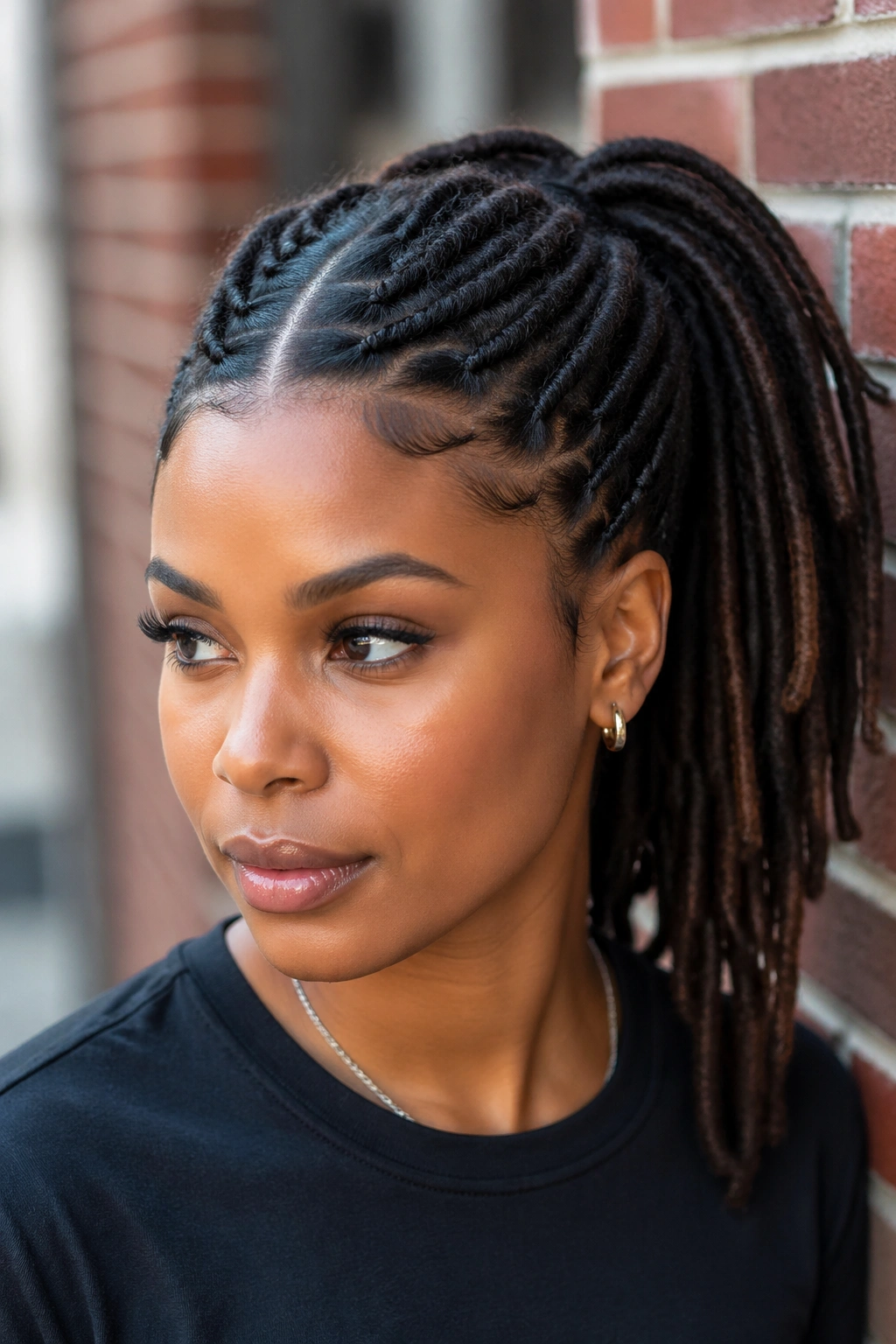 Real Black woman with center-part loc ponytail in outdoor urban setting.