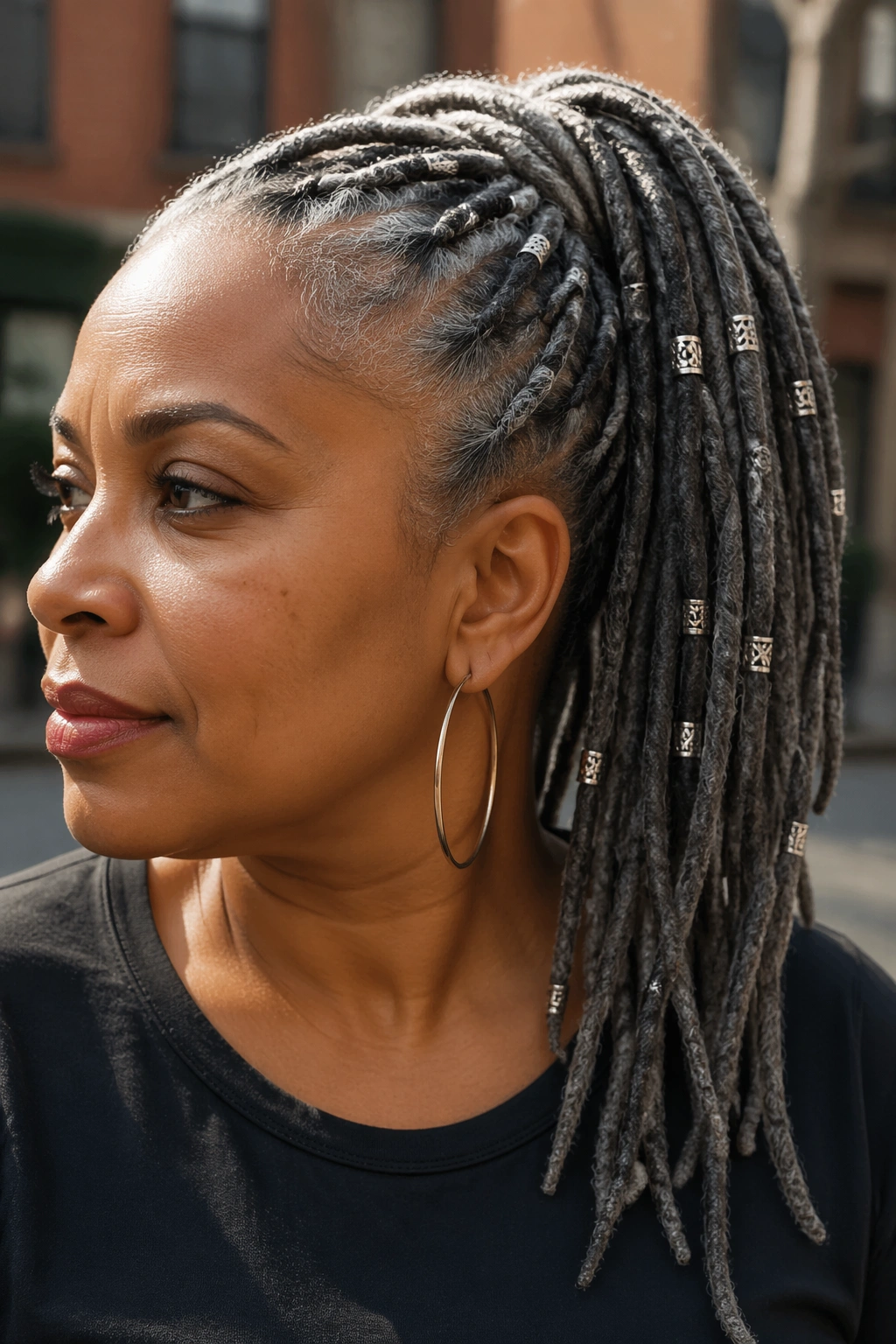 Close-up of a real person with gray loc ponytail and cuffs outdoors