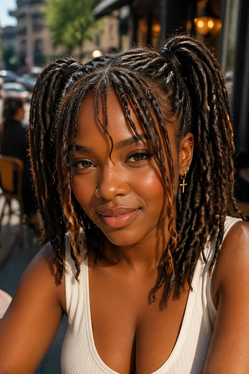 Close-up of a woman with loc ponytails and face-framing bangs outdoors