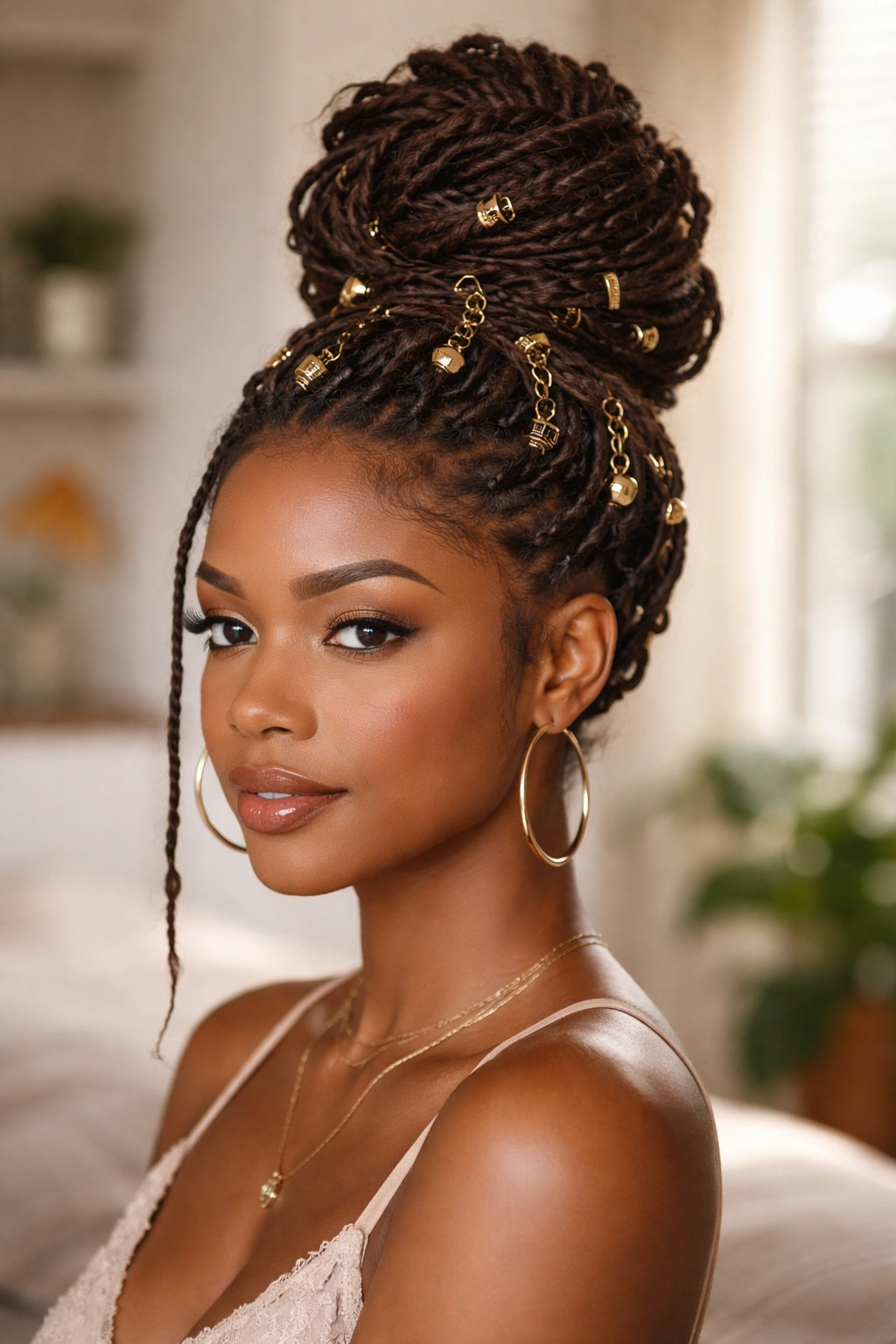 Close-up of a real woman with a high bun accented by loc rings