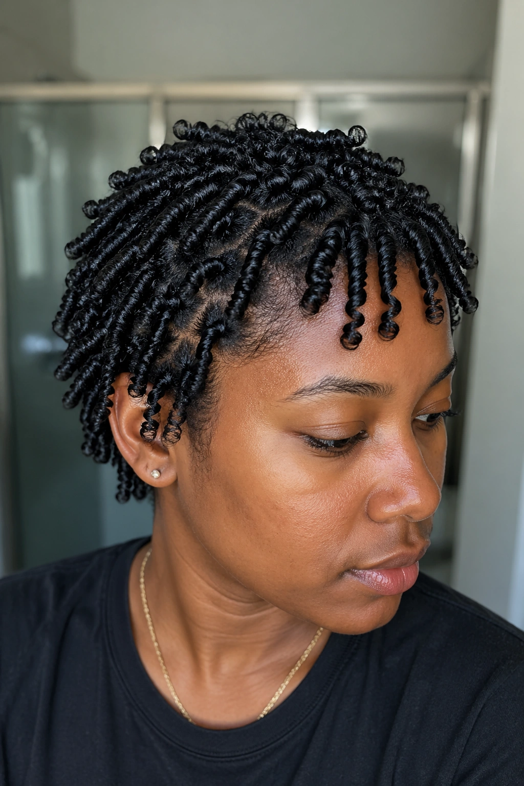 Close-up of defined loc starter coils on a real person in bathroom light