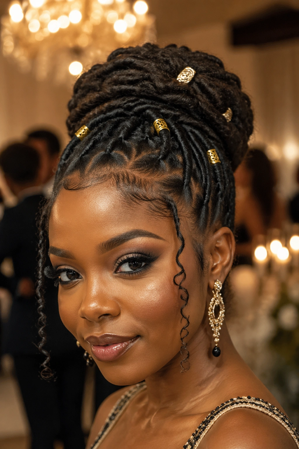 Close-up of a real woman with loc updo and gold cuffs