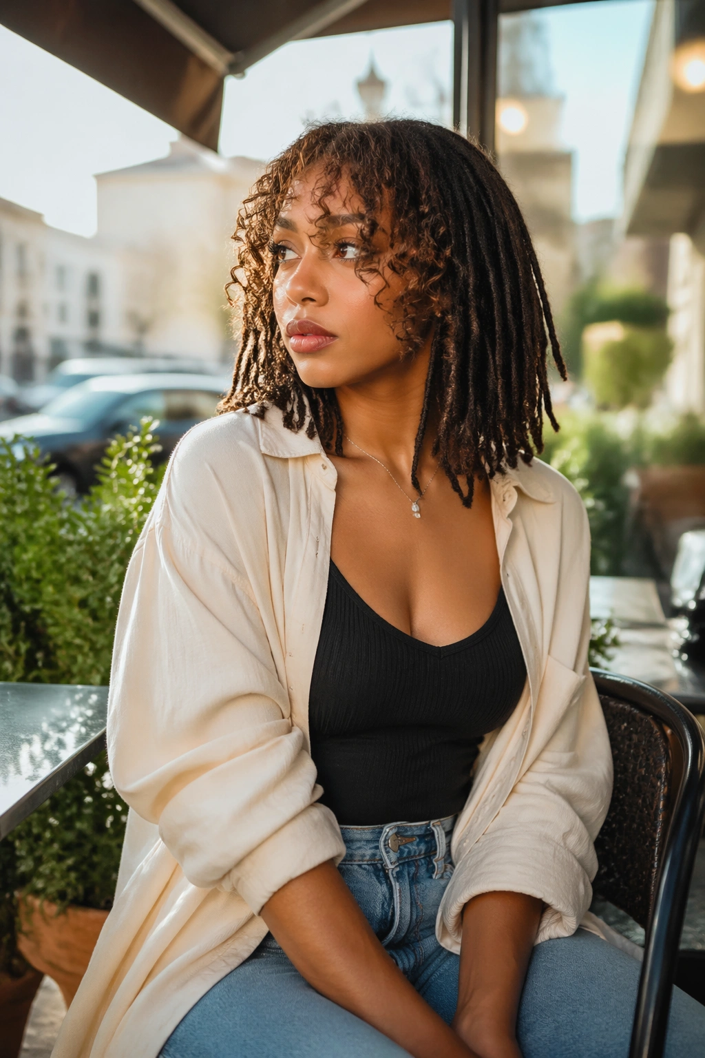 Locs with curly face-framing bangs outdoors