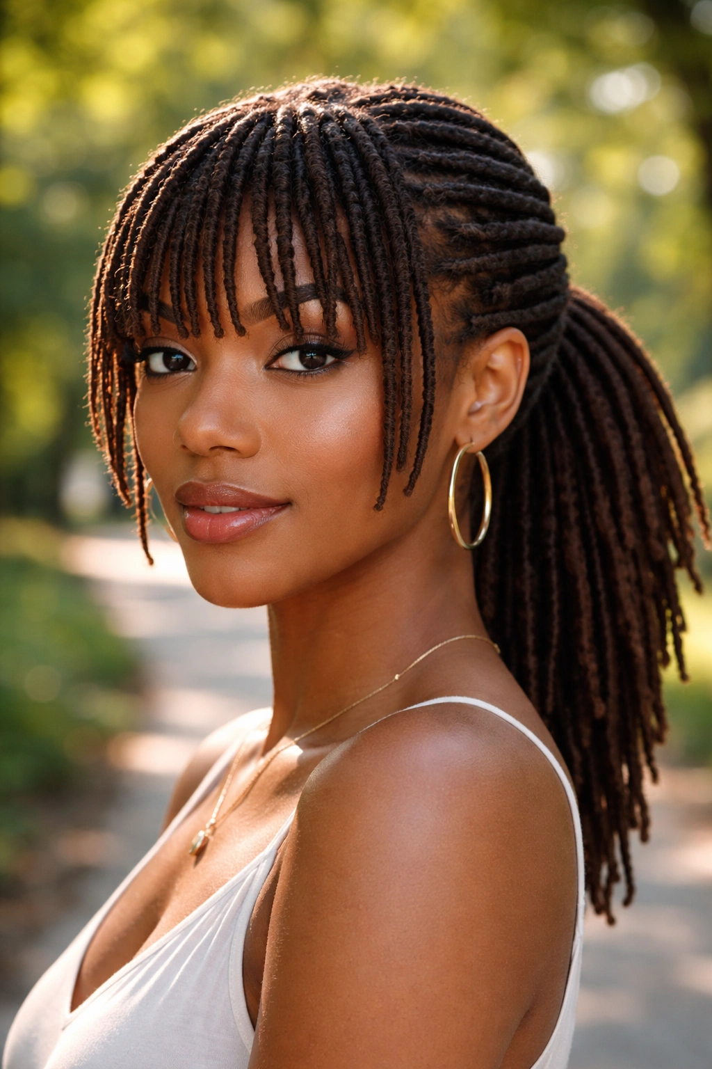 Close-up of a real woman with locs and bangs in a low ponytail outdoors in a park