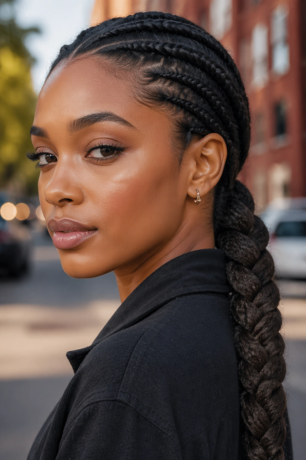 Close-up of a woman with braided-base low ponytail on locs