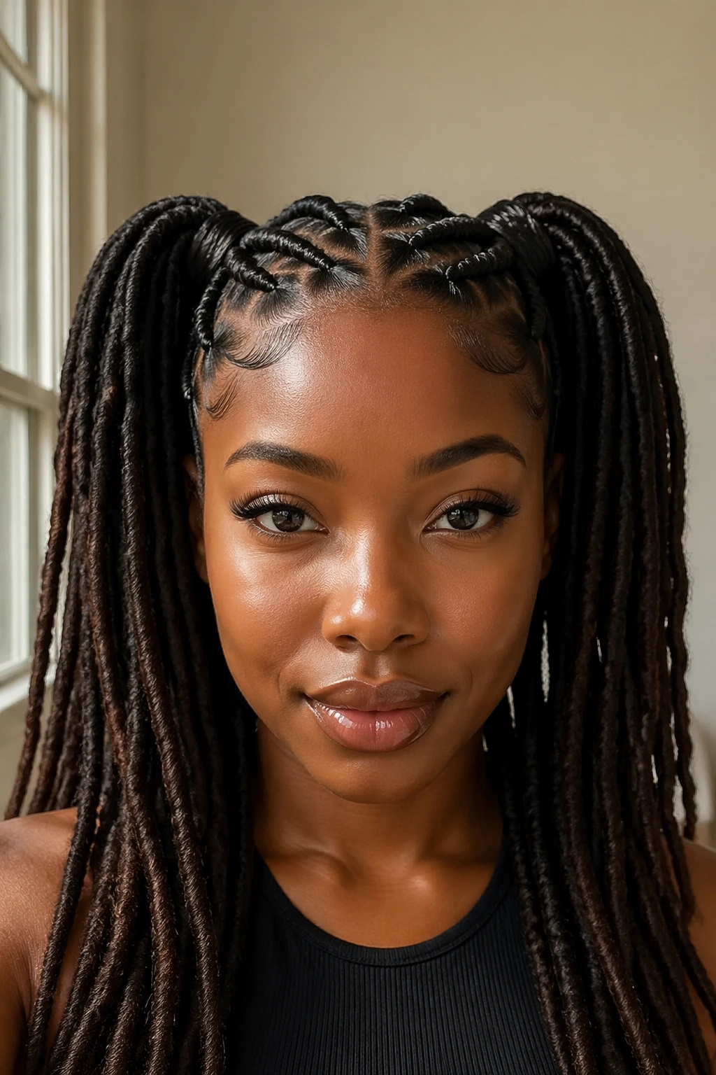 Front-view portrait of a real person with braided-base double ponytails
