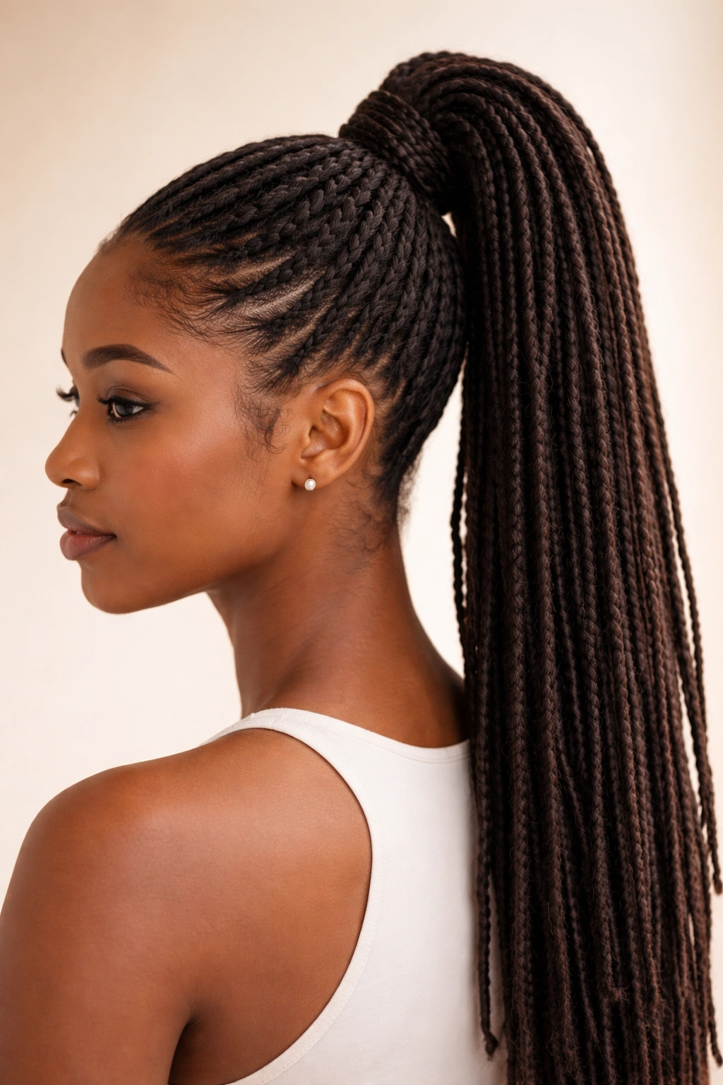 Close-up of Braided-Base High Ponytail showing crown braid and secure high ponytail