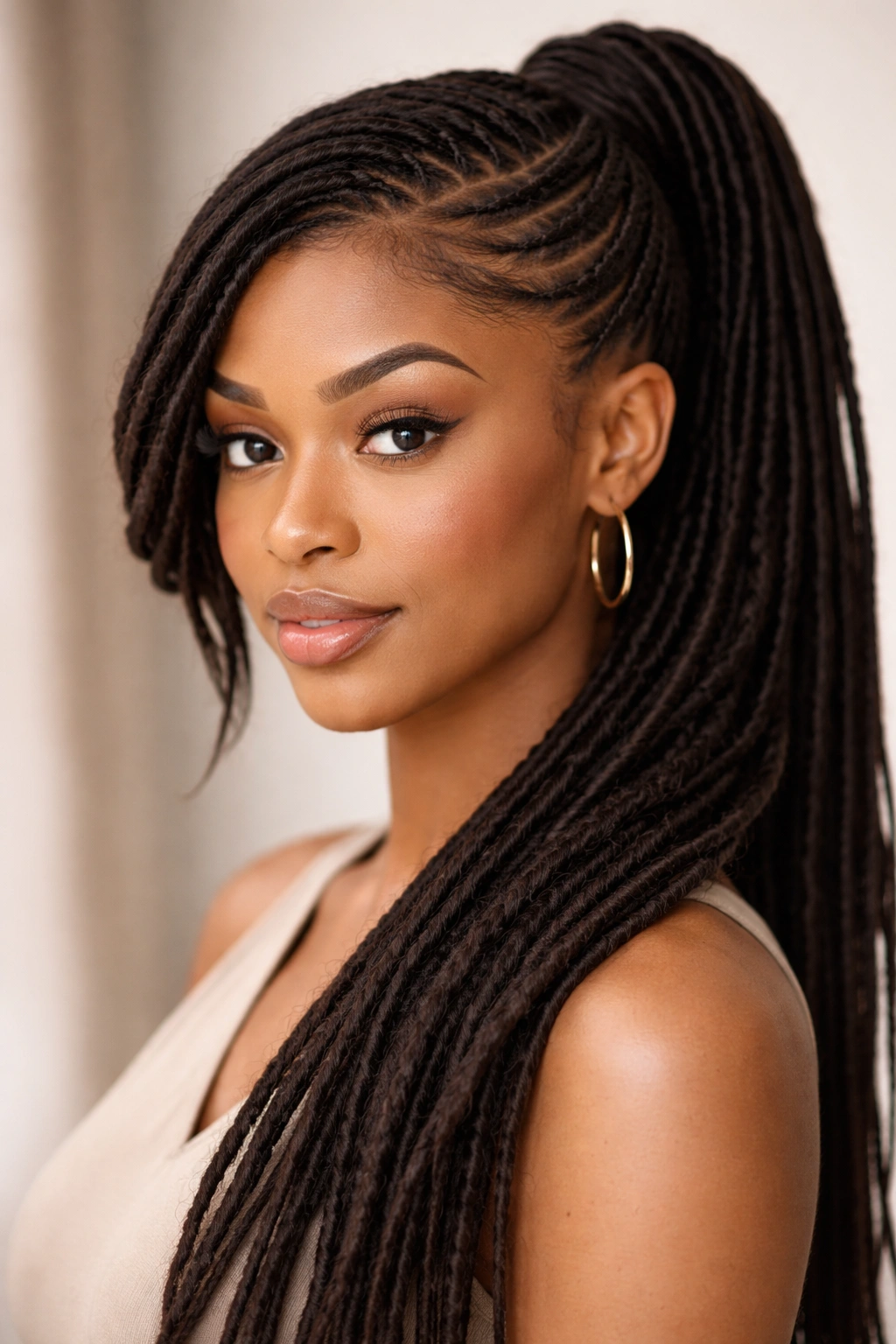 Braided swoop ponytail with flat front and braided fringe
