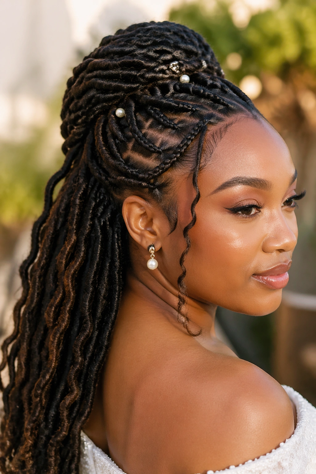 Close-up of real woman with locs and braids in a half-up style.