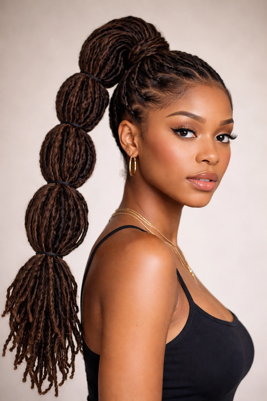 Close-up of Bubble High Ponytail on Locs showing segmented bubble sections