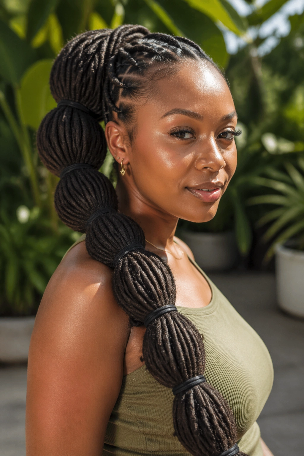 Close-up of a real woman with a bubble ponytail formed by elastics along a loc tail