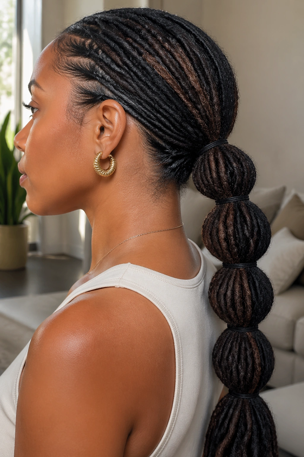 Close-up of a woman with bubble sections in a low locs ponytail