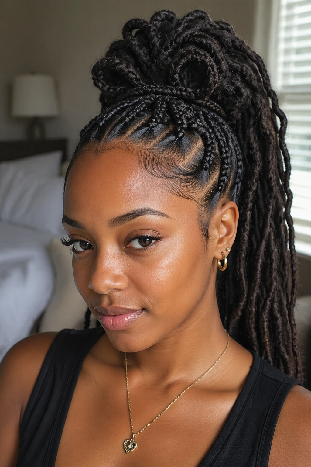 Close-up of a real woman with a high crown butterfly braid ponytail, lifted crown and looping braid.