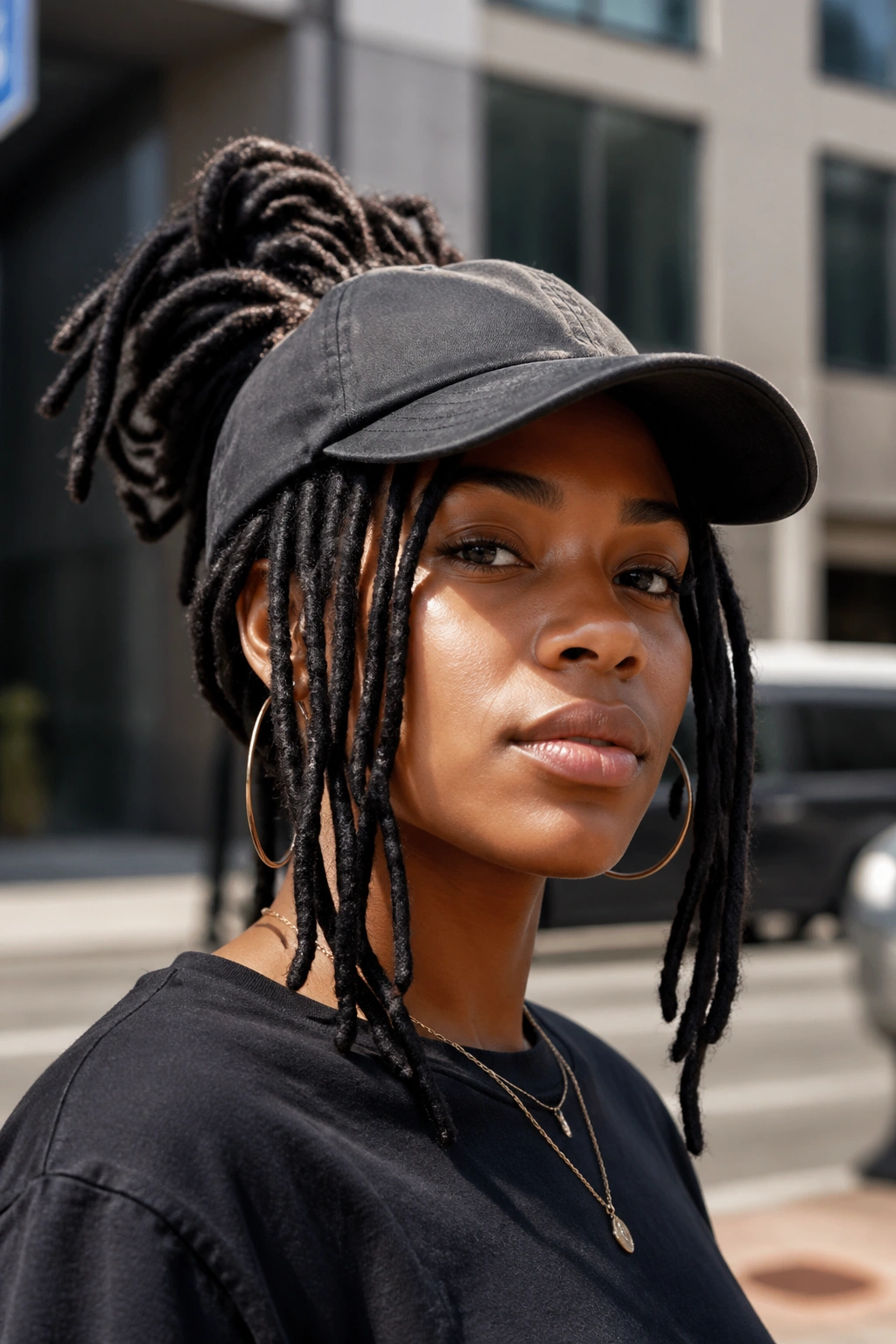 Close-up portrait of a real person with locs peeking from under a cap.