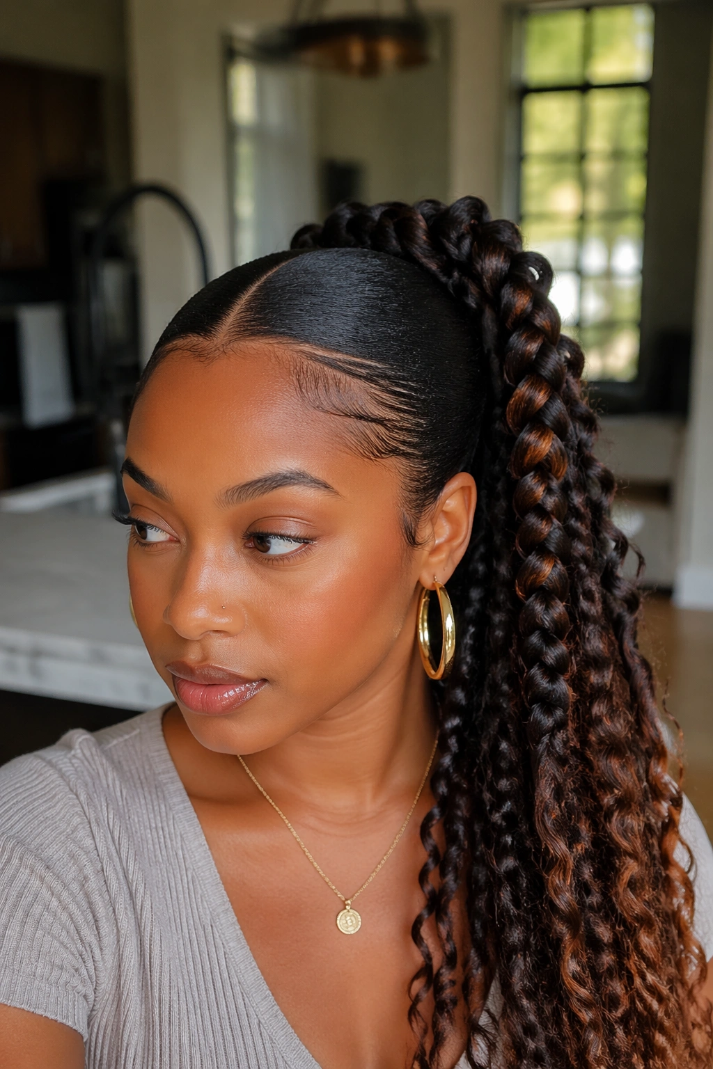 Close-up of a real woman with a sleek center-part butterfly braid ponytail, centered braid.