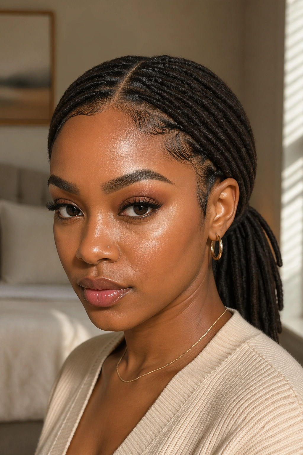 Close-up of a woman with a sleek center-part low ponytail for locs under soft window light