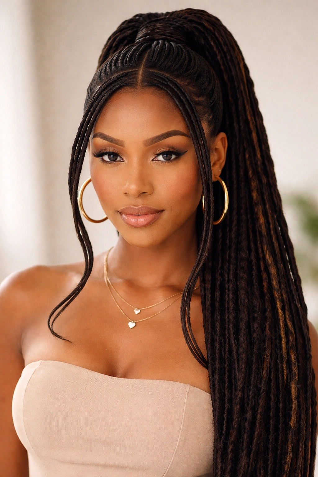 Center-part swoop ponytail with symmetrical front pieces