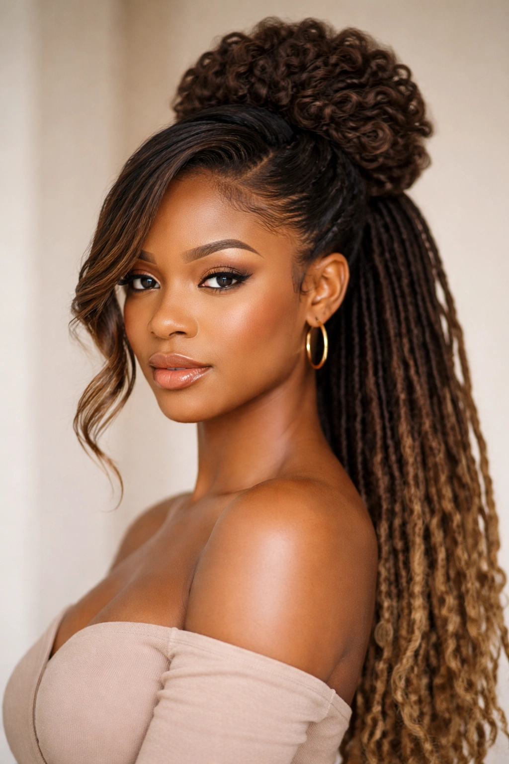 Crown puff adds height at the crown before swoop ponytail.