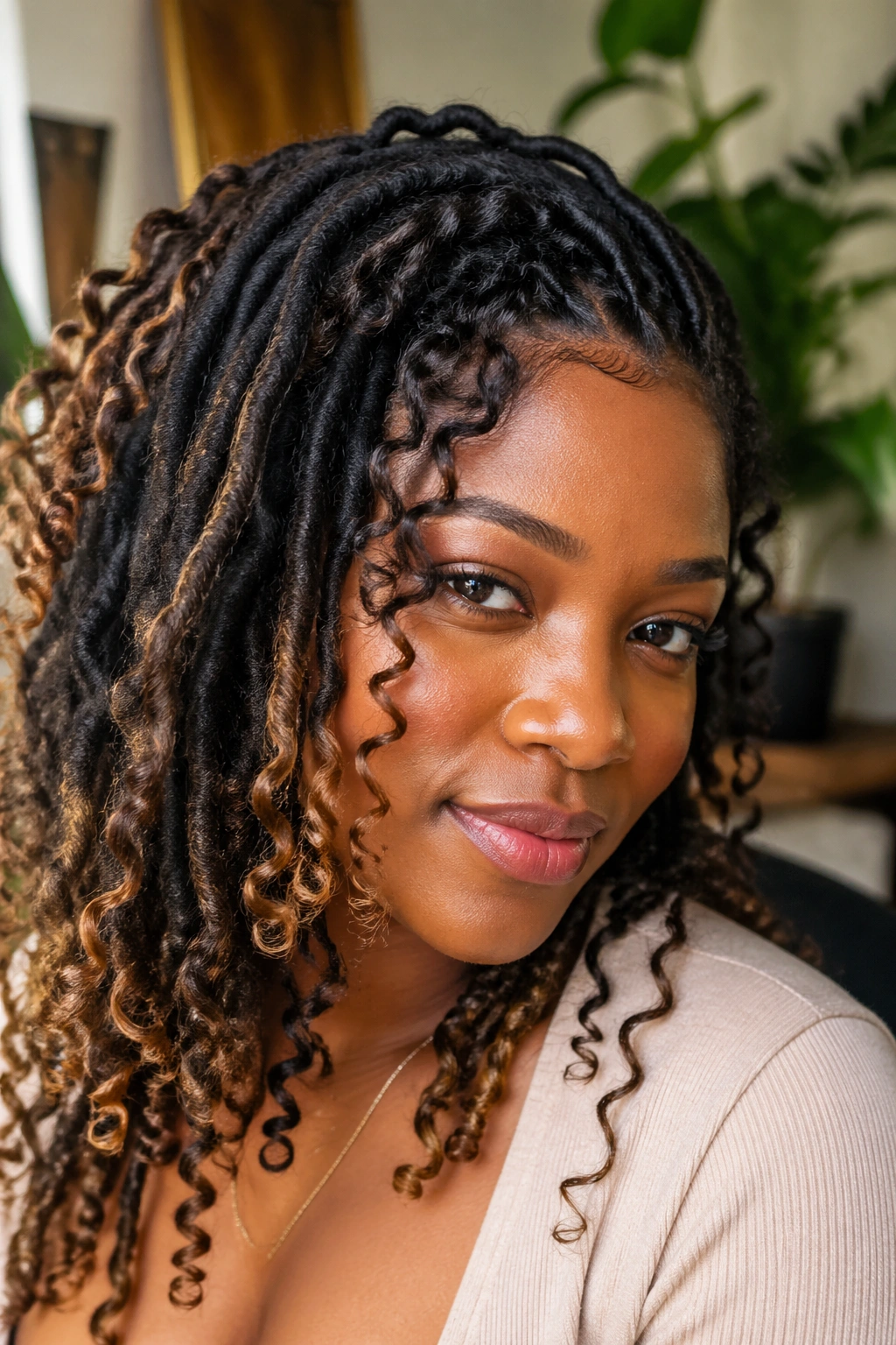 Portrait showing loc textures with tightly curled base and loose boho curls.