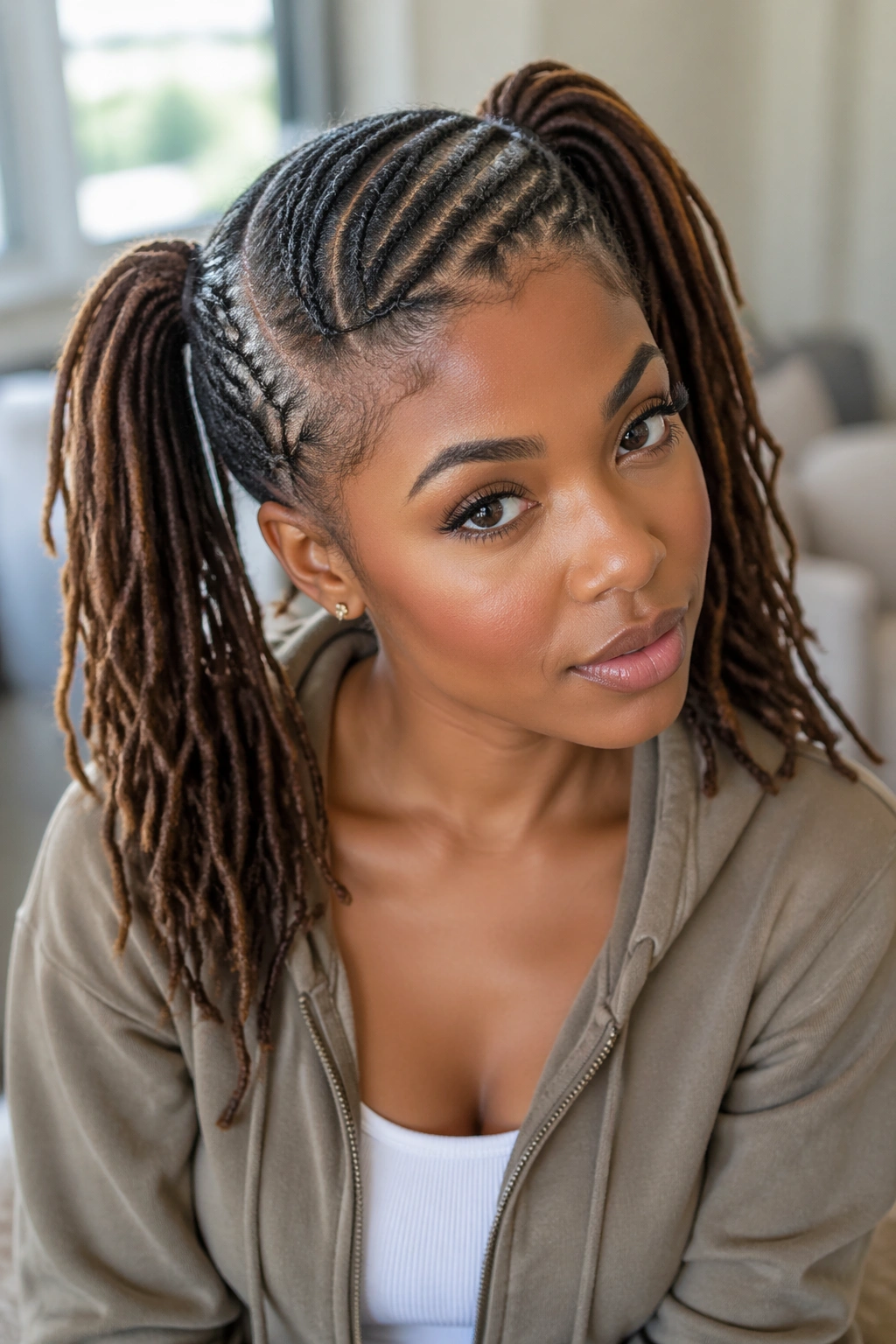 Three-quarter view of a real person with a deep side part and side-swept double ponytails