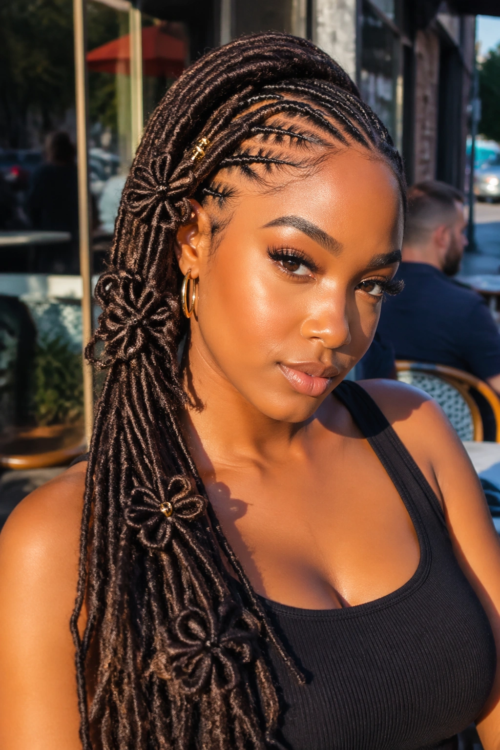Close-up of a real woman with a deep side part butterfly braid ponytail over one shoulder.