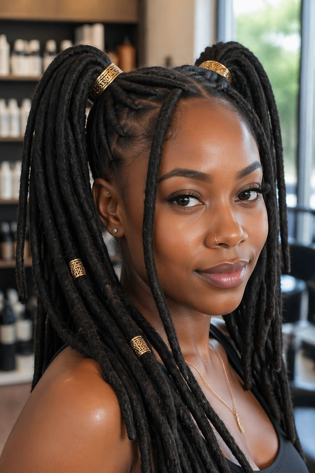 Close-up of a real woman with wrapped-base double ponytails and gold cuffs in a salon setting