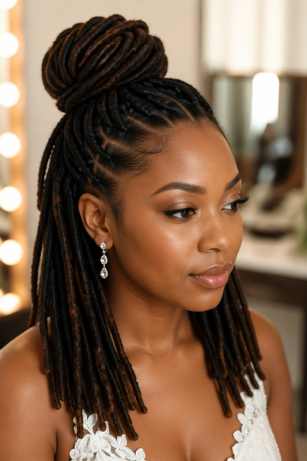 Close-up of a real woman with a half-up loc bun and hanging locs for a wedding look