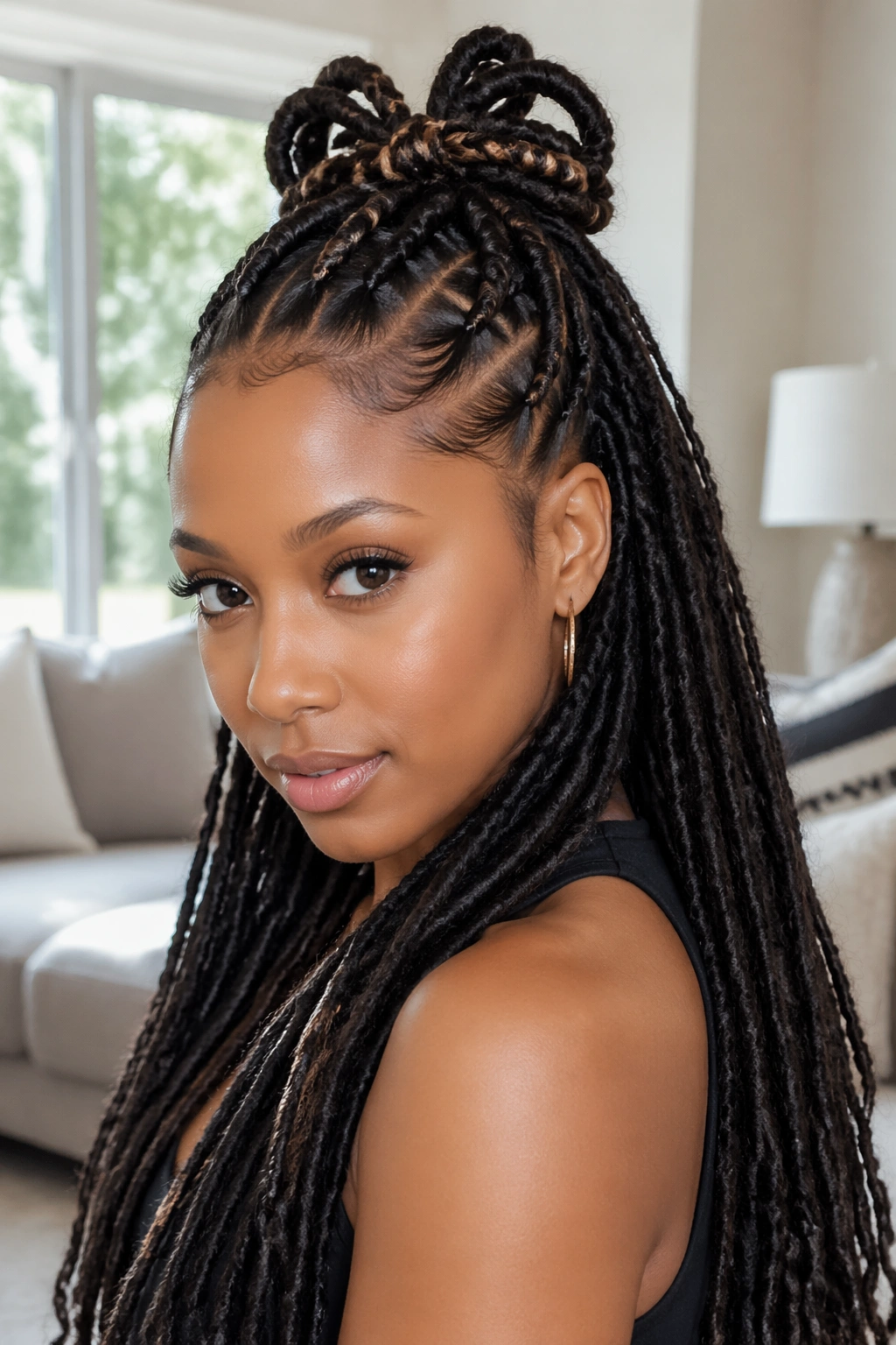Close-up of a real woman with a half-up butterfly braid ponytail, top braid and flowing hair.