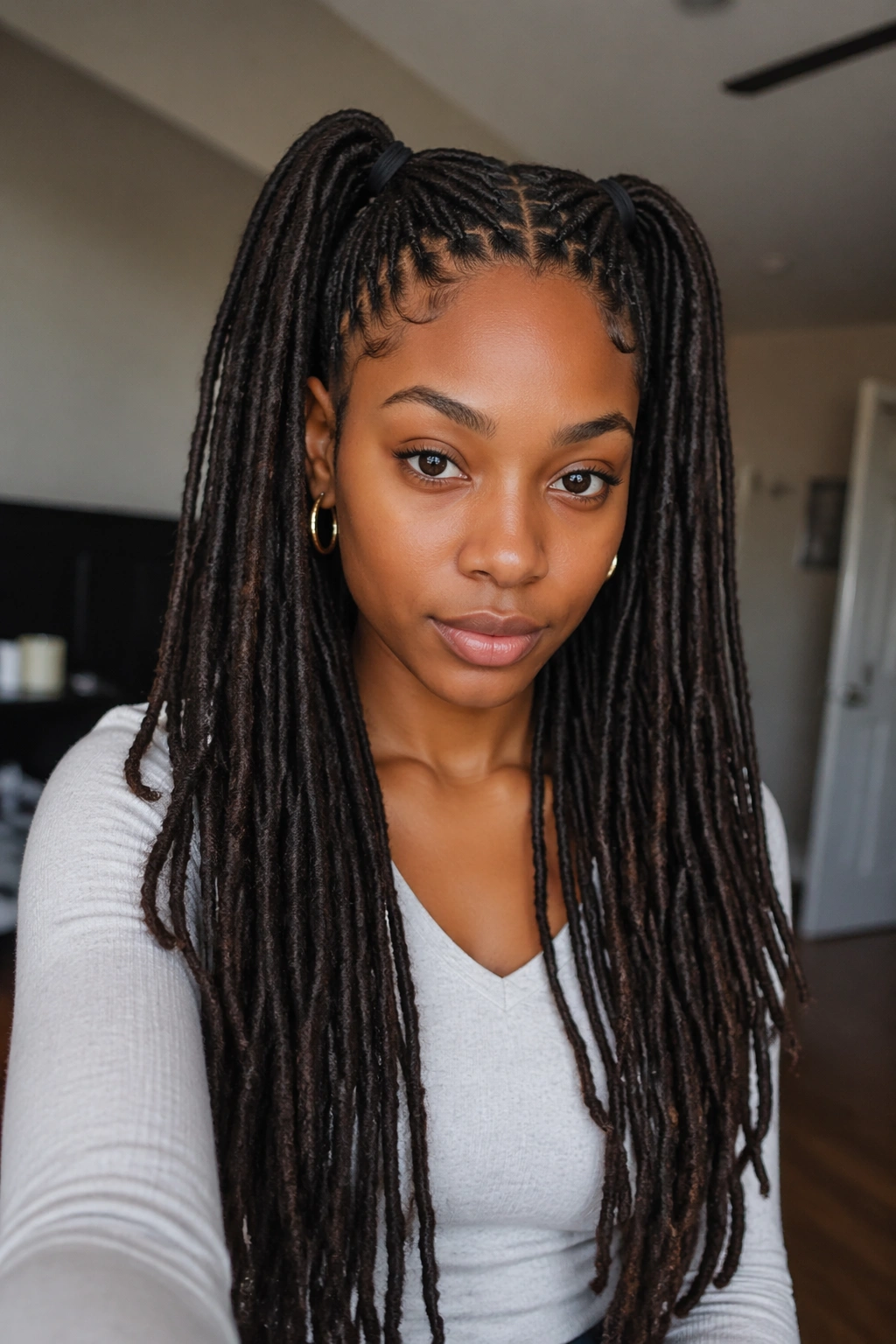 Front-facing portrait of a real person with half-up double ponytails and hanging locs