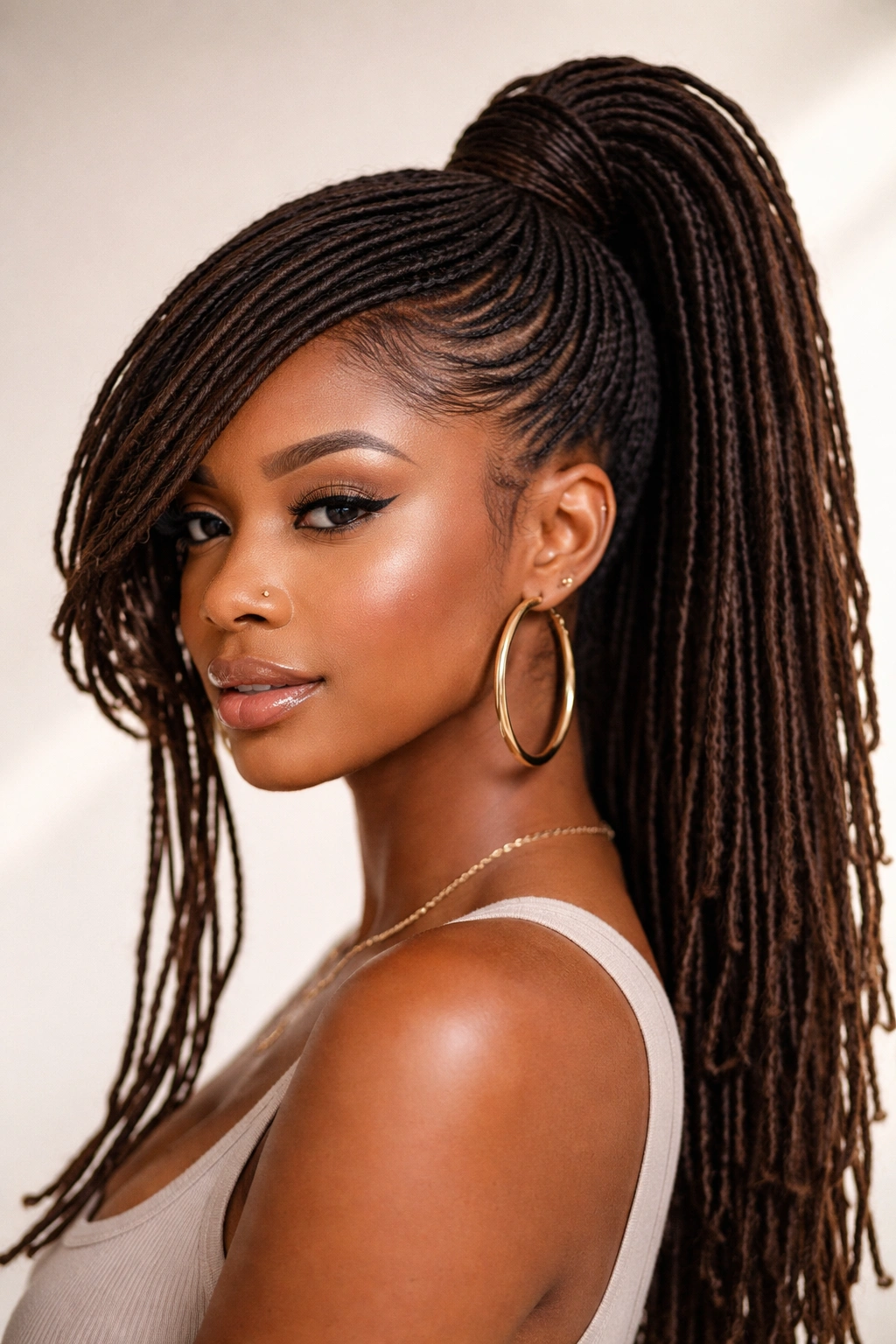 High swoop locs ponytail with deep part, face-framing swoop, studio lighting