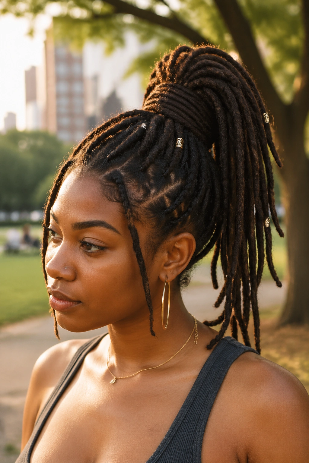 Medium close-up of a person with a high ponytail of locs in golden hour light.