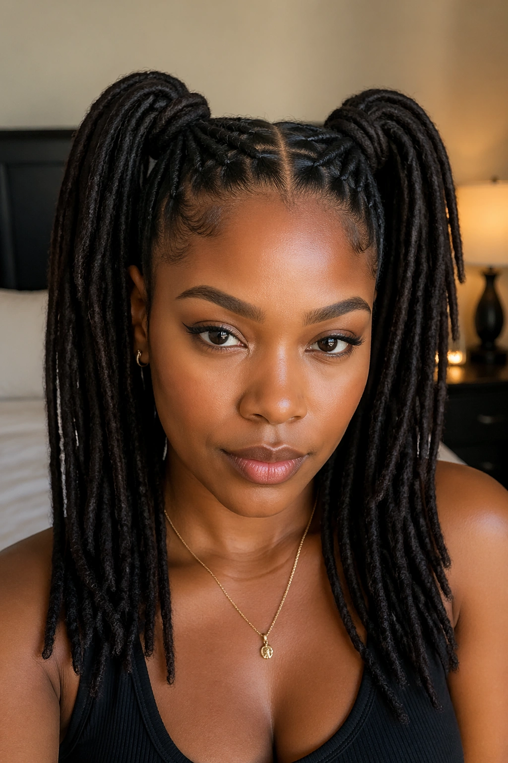 Close-up portrait of a real person with two high locs ponytails at the crown and a crisp center part