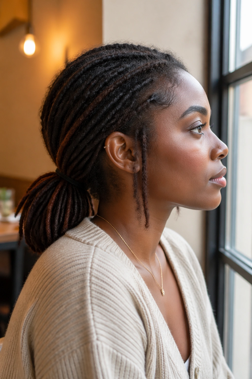 Close-up of a real woman with a low nape ponytail at the neck with relaxed texture