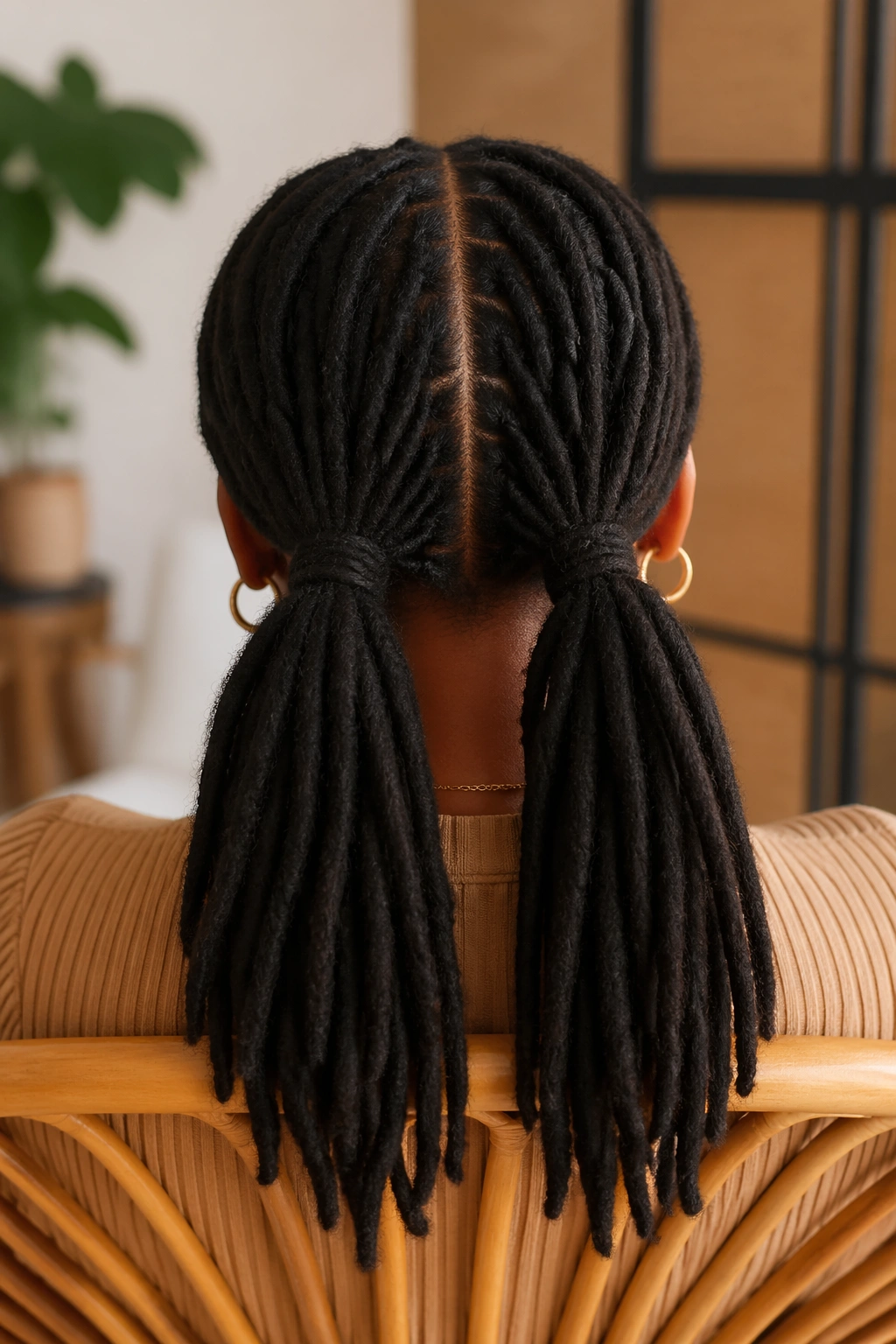 Back-of-head portrait of a real person with two low ponytails at the nape