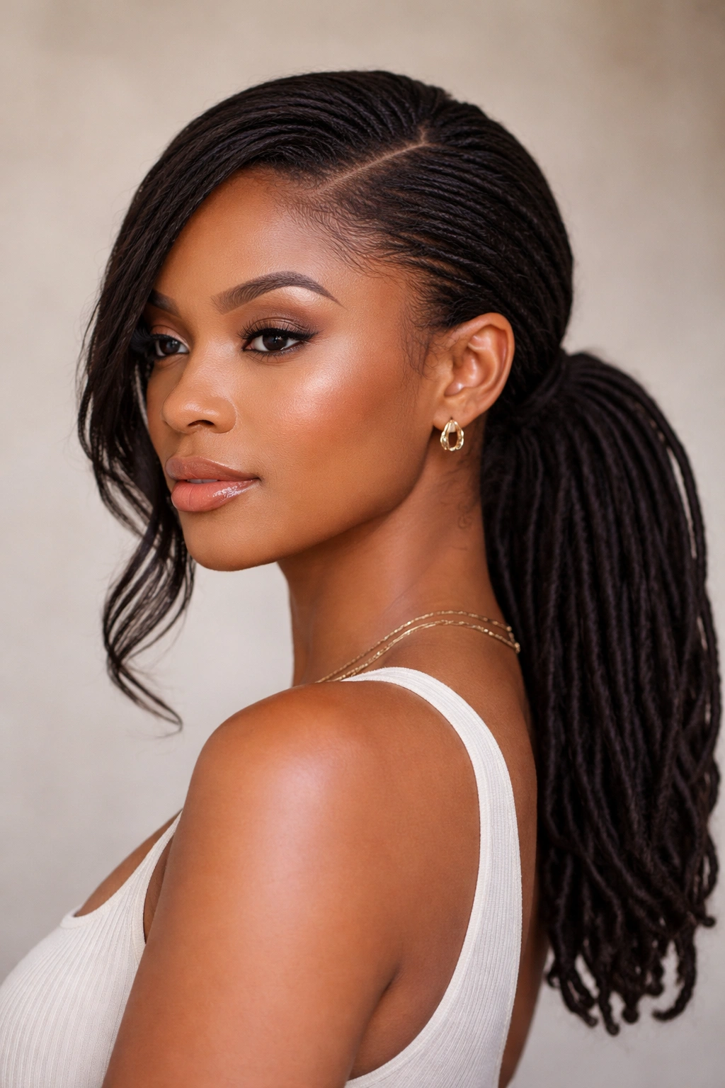 Low swoop ponytail at nape with forehead swoop and tucked ponytail