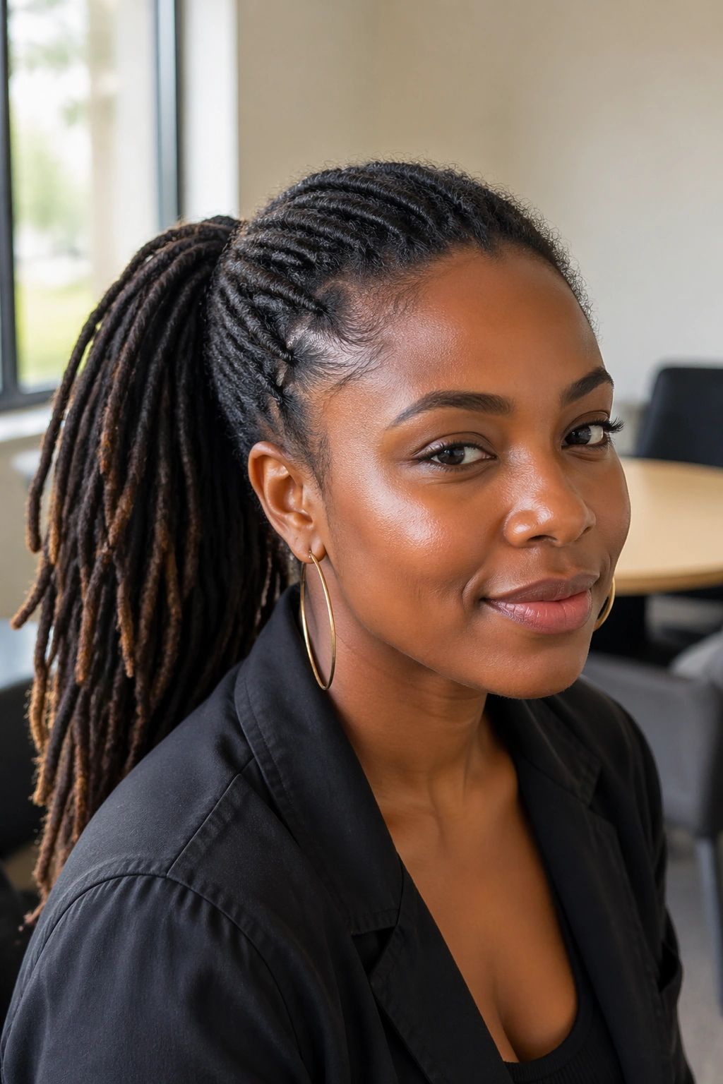 Close-up of a real woman wearing a mid-height ponytail at the back of the head